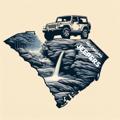 create a Jeep driving on top of a rock inside of the outline of the state of South Carolina.png